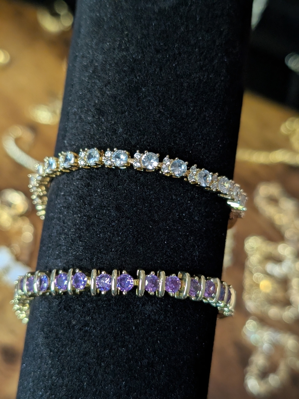 Gold Tennis Bracelet Set with Purple Gemstones and Clear Cubic Zirconia